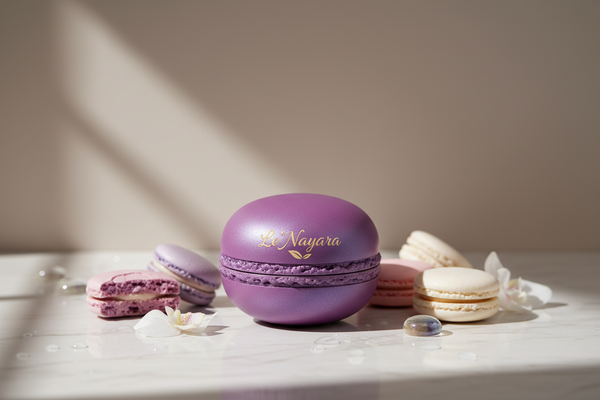 help me put lip balm on product display. It should be inside a purple macaroon bottle. Should be attractive, and it should state the company name "Le' Nayara"